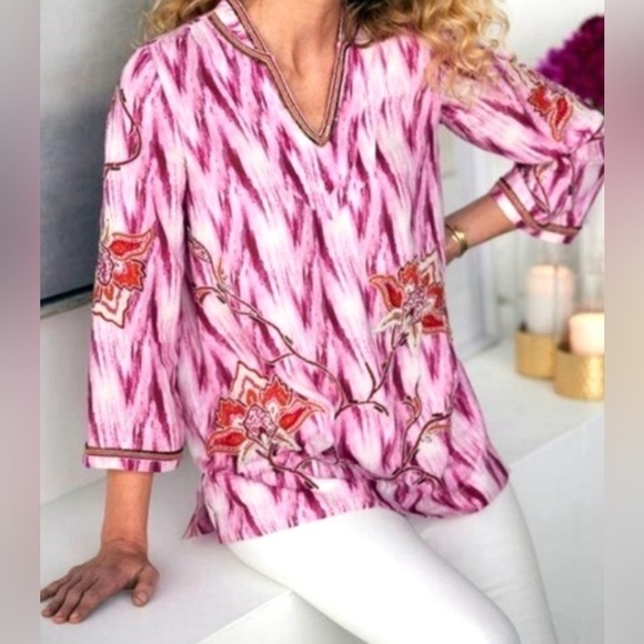Soft Surroundings Altea Top Floral Embroidered Beaded Tie Dye V-Neck Tunic - Picture 1 of 11